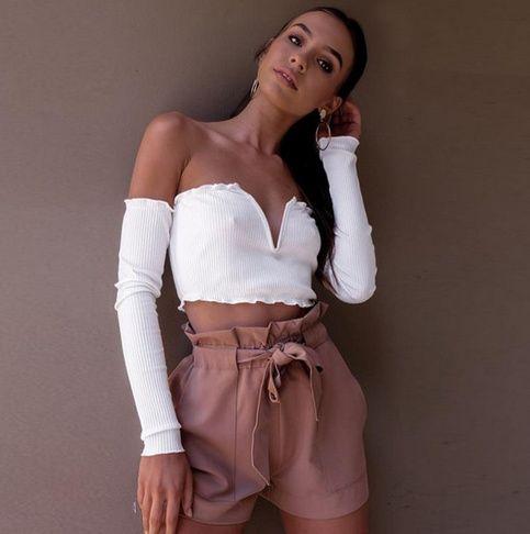 Deep V Neck Long Sleeve Crop Top