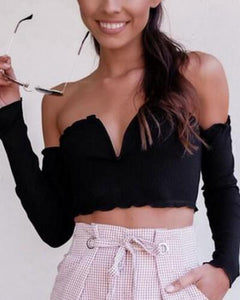 Deep V Neck Long Sleeve Crop Top