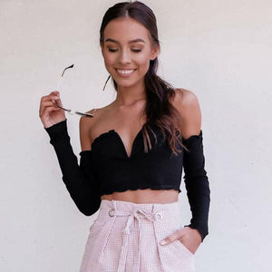 Deep V Neck Long Sleeve Crop Top