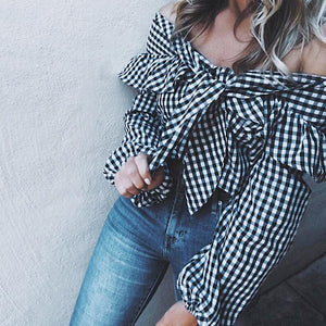 Checkered Off Shoulder Ruffle Top